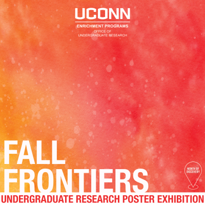 Over a speckled red and orange watercolor background, text reads, Fall Frontiers Undergraduate Research Poster Exhibition